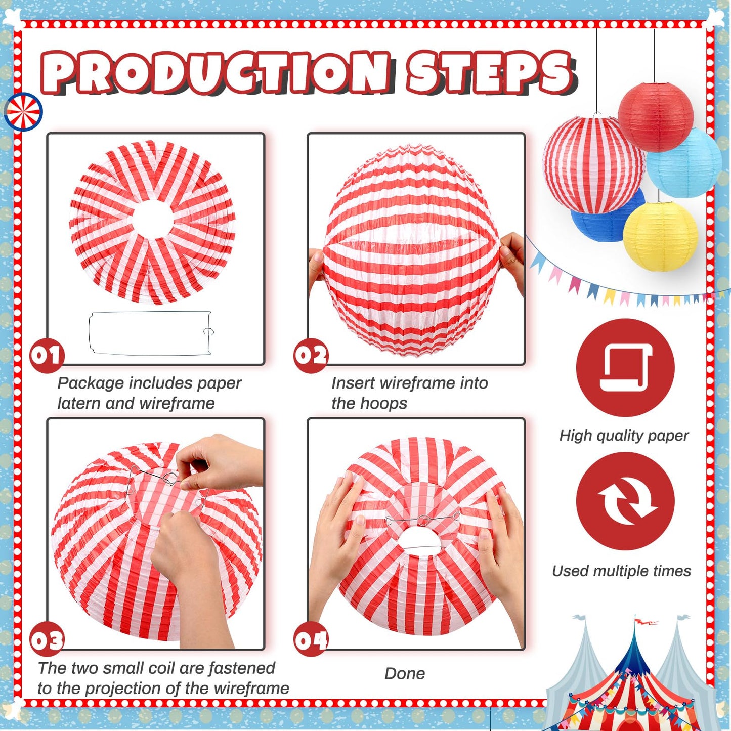 Hortsun 12 Pcs Carnival Circus Decorations Carnival Paper Lanterns Set Red Yellow and Blue Hanging Paper Lanterns for Circus Wedding Birthday Party Baby Shower Home Decoration