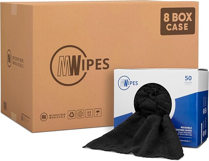 Black Microfiber Shop Towels | MWipes Reusable Shop Rags | 50 Rags in a Box |