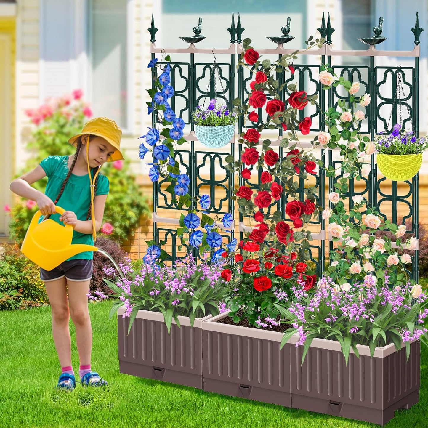 MQHUAYU Raised Garden Bed Planter Boxes with Trellis,61.4" Self-Watering Trellis with Planter Box for Climbing Plants Flowers Vegetables,Use for Indoor Outdoor