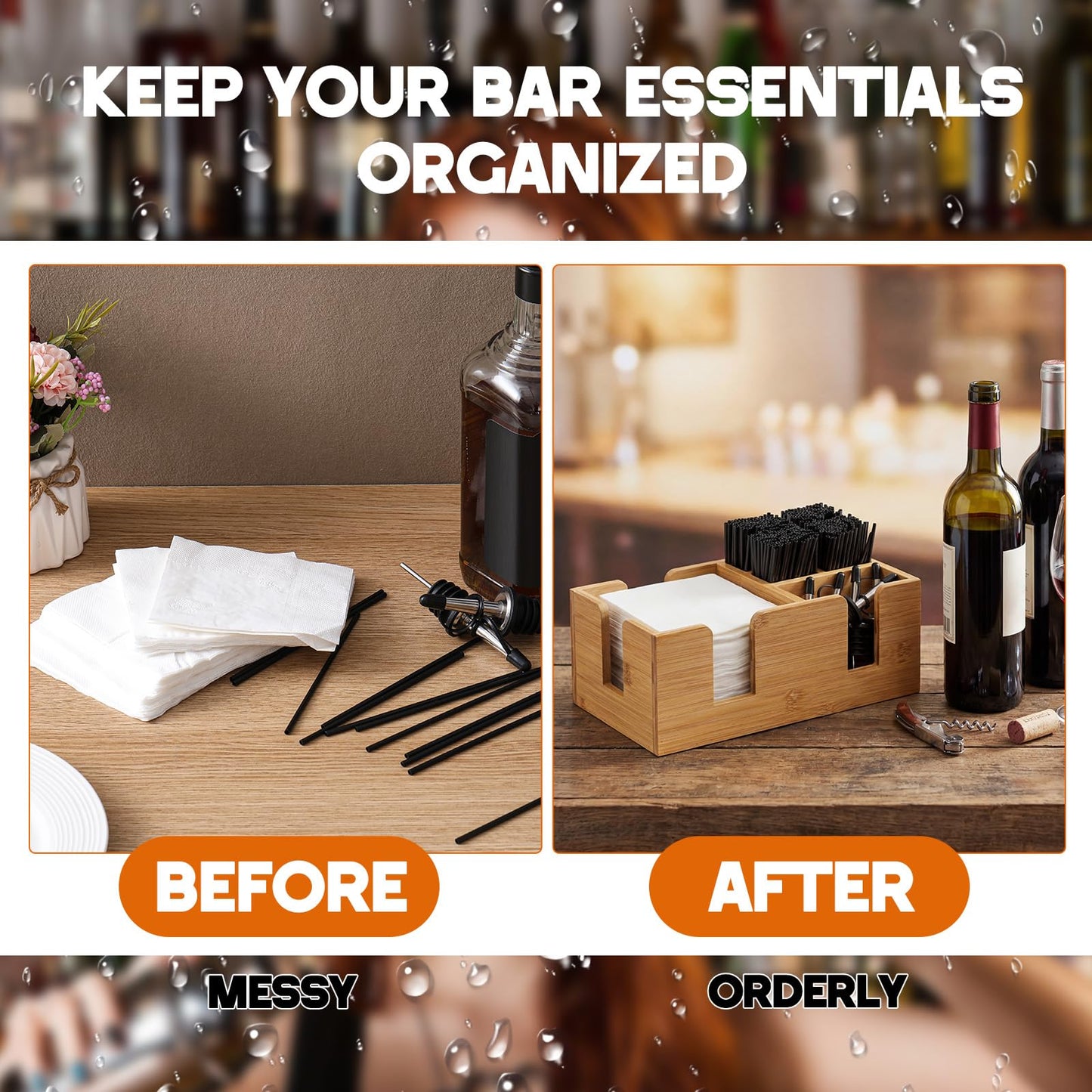Mifoci Wooden Bar Caddy with 6 Compartments, Bamboo Bar Caddy Napkin & Straw Holder Organizer Cocktail Napkin Holder Condiments for Home Office Kitchen Countertop (Natural, 10.6 L x 5.5 W)