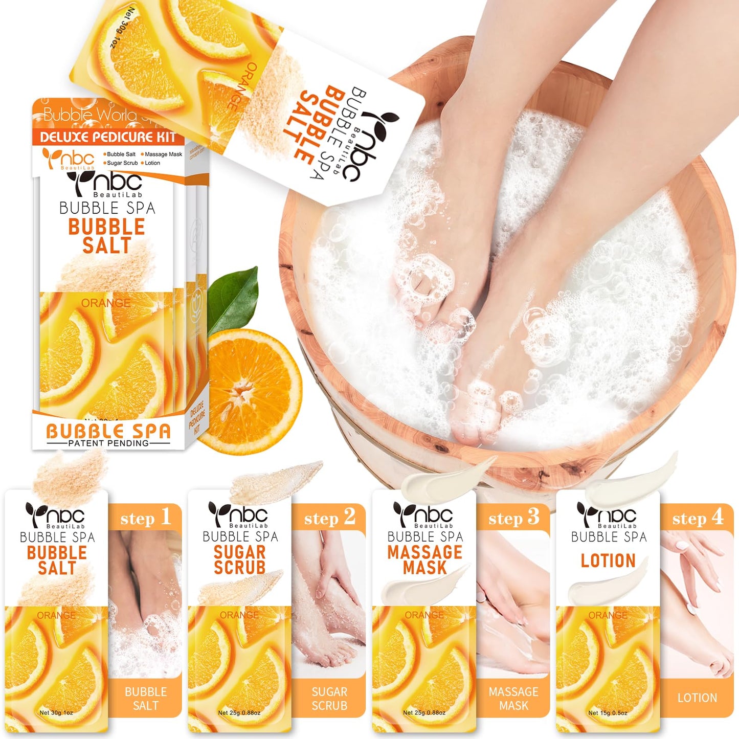 Pedicure Kit Foot Soak Set: Bubble Salt, Sugar Scrub, Massage Mask, Massage Lotion in a Box, 4 Step Foot Spa Kit for Dry Feet,Tired Feet（3 Set Tropical Fruit)