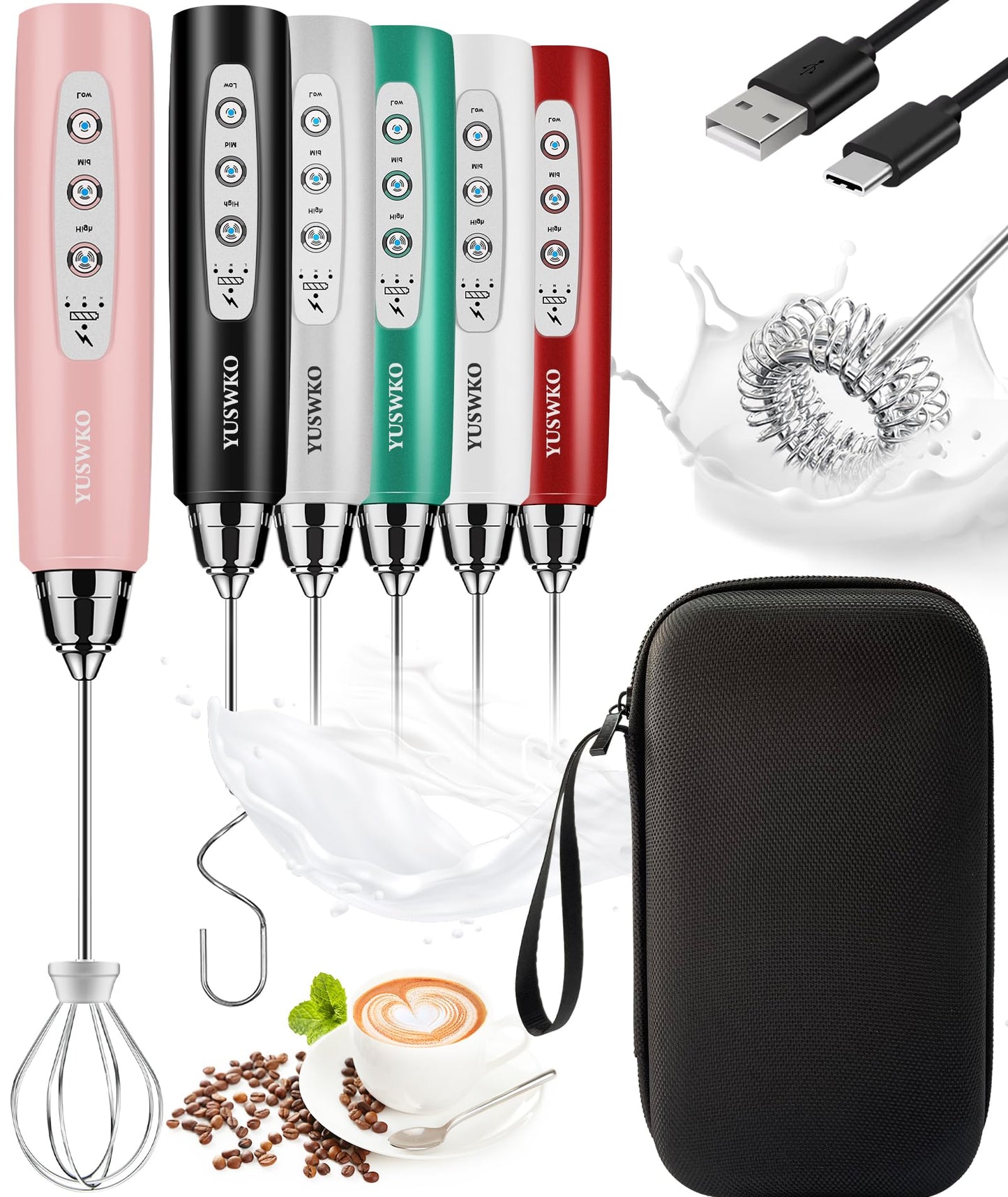 YUSWKO Black Handheld Milk Frother Wand for Coffee, Rechargeable Electric Whisk with 3 Heads 3 Speeds Drink Mixer Coffee Frother For Latte, Cappuccino, Hot Chocolate, Egg