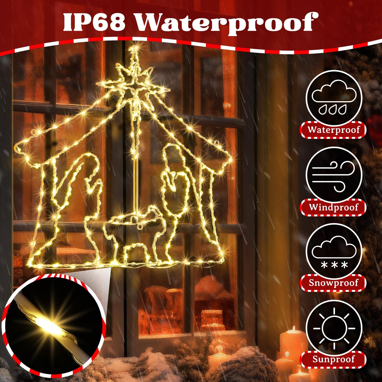 ElectricWise 26.4" Christmas Window Lights, Large Light up Nativity Scene Lighted with 260 LED & Remote, Star of Bethlehem Xmas Window Decorations Plug in for Decor Holiday Outdoor Indoor Home (White)