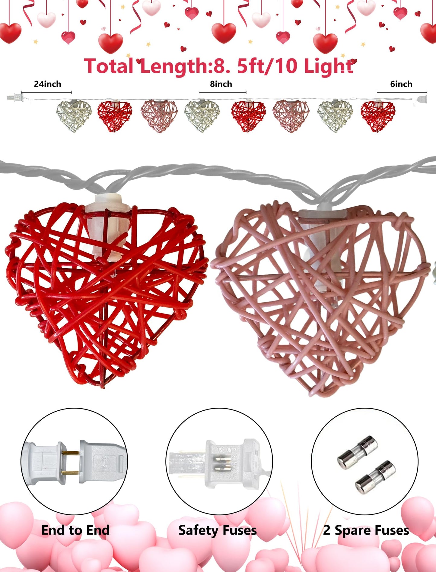 Red Pink and White Heart Shape String Lights, 8.5Ft Valentine's Day Decorations Lights with 10 LED Heart Light Bulbs, Hanging Window Fairy Lights for Indooe Outdoor Wedding Anniversary Valentine Decor