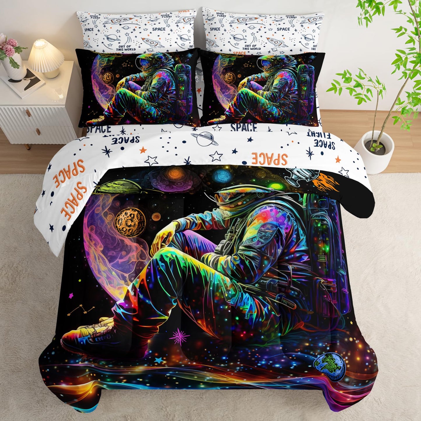 AILONEN Space Astronaut Comforter Set Twin Size,7-Piece Soft Bed in a Bag,Glowing Rocket Planet Spacemen Print Comforter & Fitted Sheet & Flat Sheet & 2 Pillowcases,2 Pillow Shams