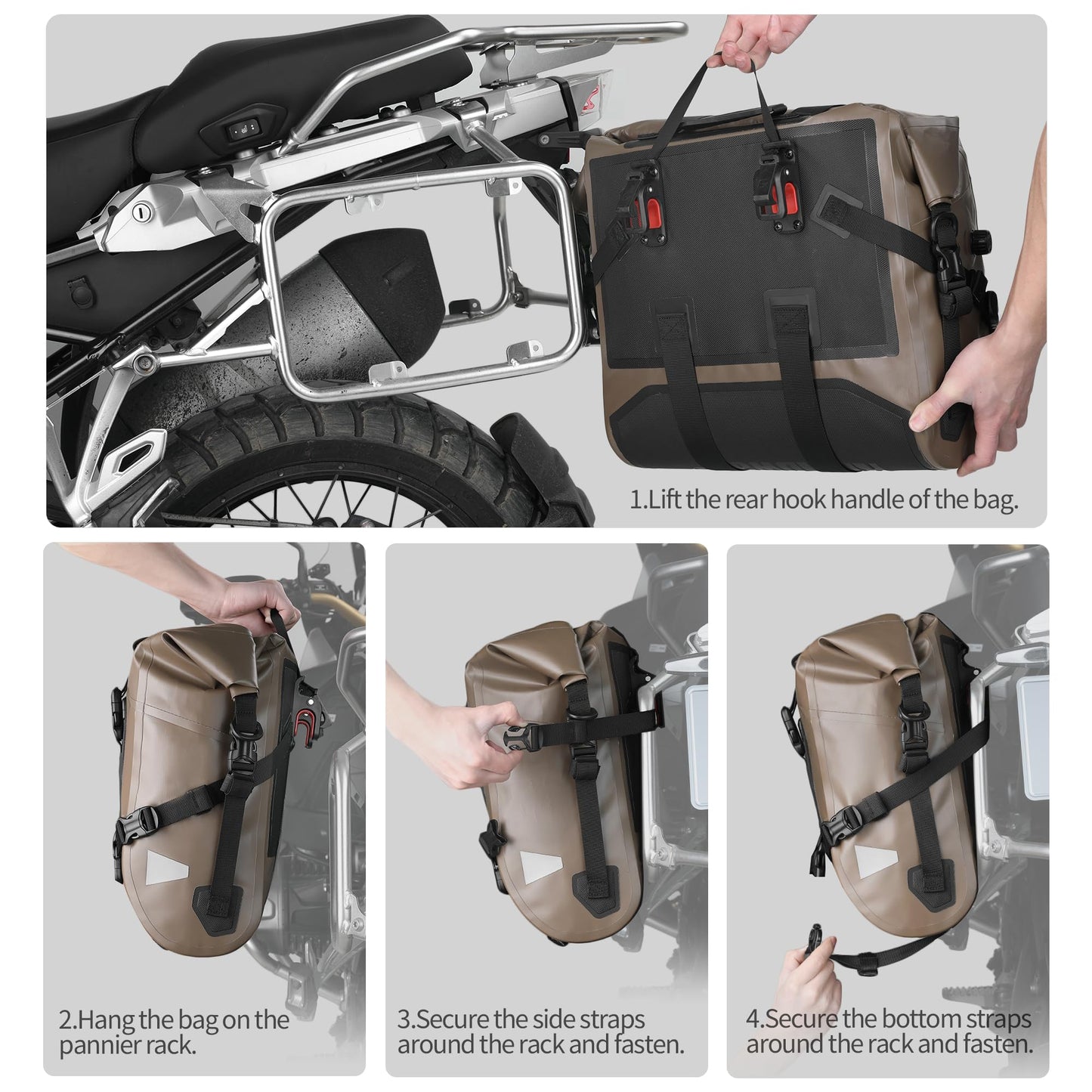Rhinowalk Waterproof Motorcycle Saddle Bag, Roll-Top Side Pannier with Magnetic Closure, Approx. 24L–42L Expandable Capacity Rear Rack Luggage（Black, 2pc）