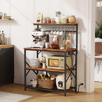 Furologee Kitchen Bakers Rack with Power Outlet, Microwave Oven Stand with Storage 4 Tiers, Coffee Bar Table with 6 S Hooks, Kitchen Storage Shelf Rack for Spices, Pots, Rustic Brown