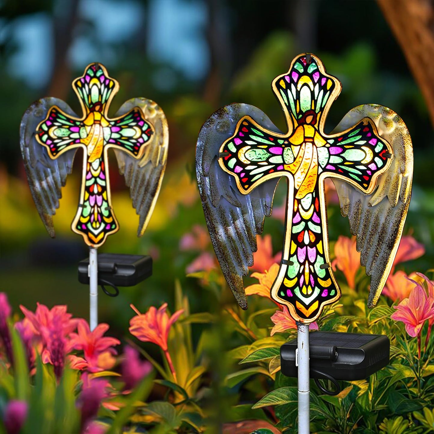 YJFWAL Solar Glass Cross Garden Stake Light, Cemetery Decorations for Grave Outdoor Lights, Easter Jesus Cross Angel Wings Sympathy Memorial Day Decor, for Garden Lawn Yard Patio