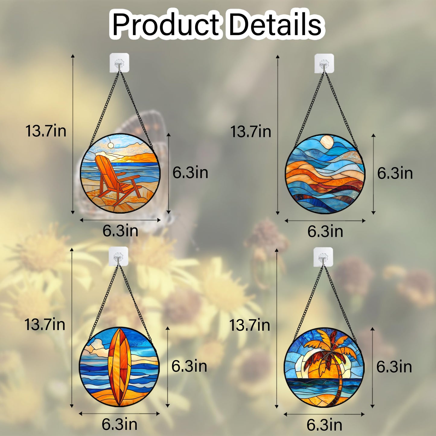 DASTOLL Stained Glass Window Hanging 4 Pcs Set Blue Orange Ocean Beach Theme 6.3" - Suncatcher Door Garden Sun Catcher Decor Birthday Christmas for Mom Woman Nana Men Wife