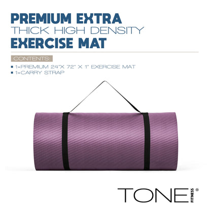 TONE Fitness Premium Extra Thick 1-Inch High Density Exercise Mat with Carry Strap – Non-Slip Workout, Pilates, and Yoga Mat for Home Gym - Color Purple - Wave Pattern