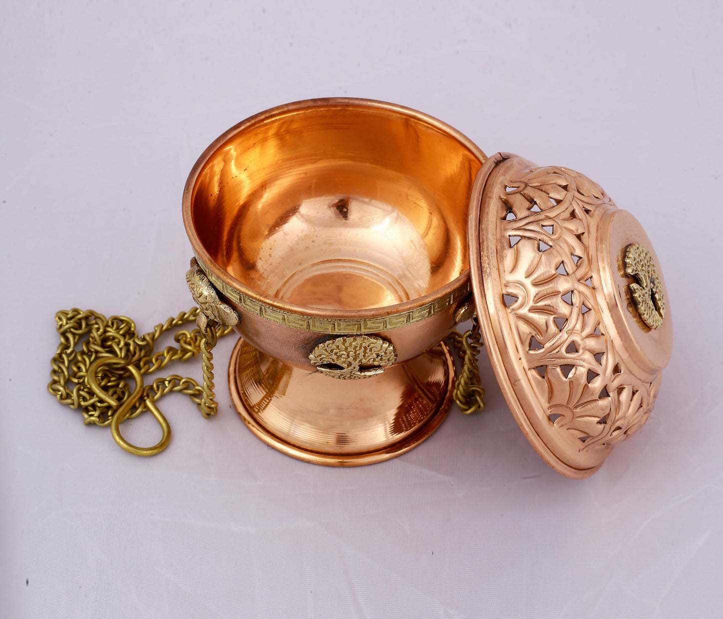 Indian Consigners Copper Altar Incense Charcoal Burner Holder with Chain (Tree of Life)