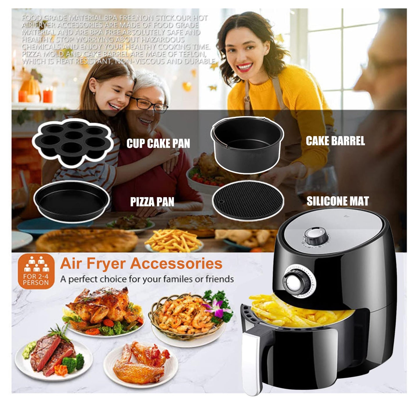 Air Fryer Accessories Set Fit for Gowise Gourmia Cozyna Ninja,Fit All 2.3qt-3.2qt Air Fryer,Kits with Skewers Silicone Mat,Pizza Pan,Cake Barrel,Non-Stick,Dishwasher Safe,Universal,6 Inch 10pcs,Black
