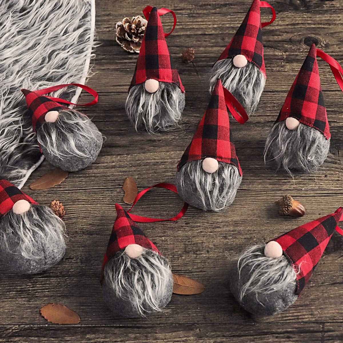 Ivenf 8 Pack 5.5 Inch Handmade Plush Tomte Gnome Hanging Ornaments, Swedish Scandinavian Santa with Buffalo Check Plaid Hat, Christmas Decorations