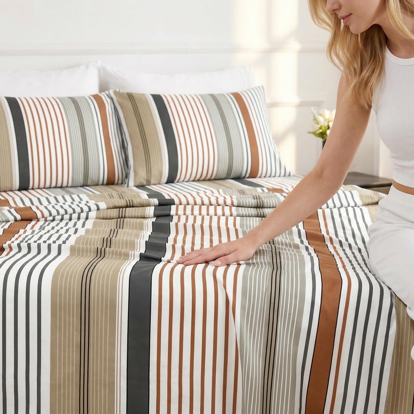 HCORA Striped Queen Sheet Set, Ultra Soft Double Brushed Microfiber Bed Sheets, Deep Pocket, Breathable, Wrinkle Resistant, Easy Care, 4PC, Queen Size