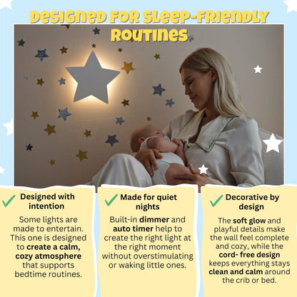 KALEOLI Star Night Light for Nursery - Dimmable & Rechargeable Kids Wall Light - 106 Pcs Moon and Stars Wall Decals Set - 90 Min Timer for Bedtime Routines