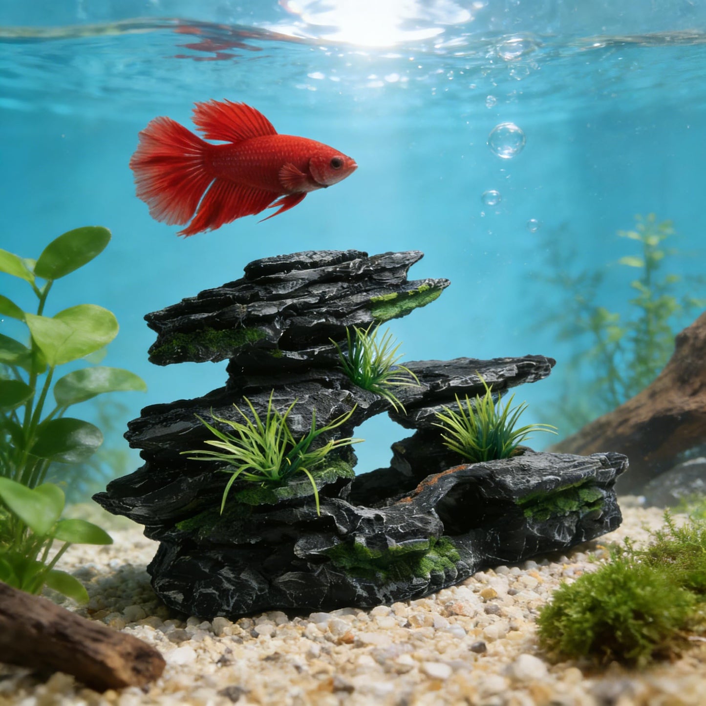 Voralis Fish Tank Mountain View Stone Ornament, Large - Sized Premium Aquarium Decor, Made of Safe Resin, Ideal Multi - Functional Spot for Betta, Snails, Turtles to Rest, Play and Basking