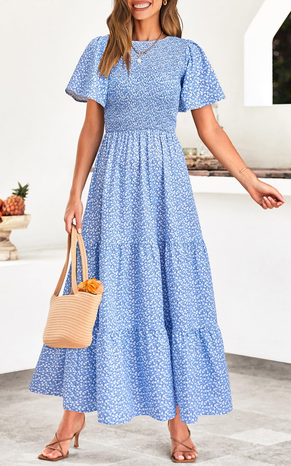 PRETTYGARDEN Women's 2025 Summer Casual Flutter Short Sleeve Boho Floral Maxi Dress Crew Neck Smocked Tiered Long Dresses