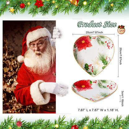 8 Inch Heart Shape Plate with Christmas Pattern, Ceramic Tray for Serving Appetizer, Cake, Candy and Holiday Dishes, for Holiday Table, Christmas Party or Festival Celebrations, Set of 2, Red Berries