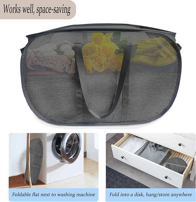 Extra Large Mesh Pop Up Laundry Hamper 2 Pack, 100L Collapsible Laundry Baskets