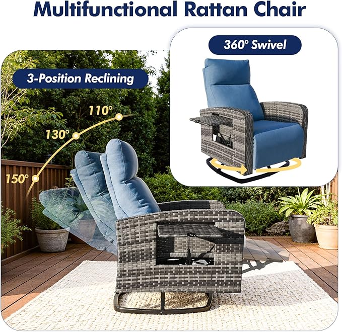 Outdoor Recliner Chair Set of 2, Wicker Patio Recliners with Adjustable Backrest and Extended Foot Rest, Reclining Patio Chairs with Flip Table & Removable Cushion Cover for Porch