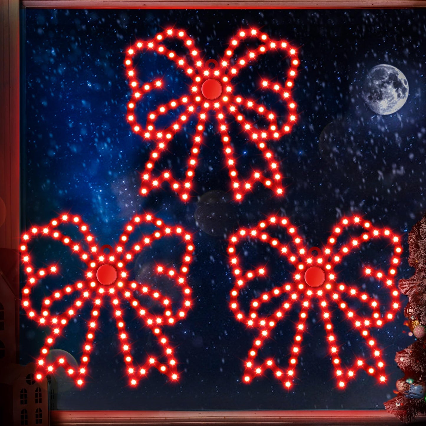 ElectricWise 3 Pack Hi Vibrant Twinkling LED Christmas Bow Decoration, 10'' Christmas Bow Window Lights, Waterproof Lighted Window Silhouette Lights for Holiday Wall Door Xmas Decor