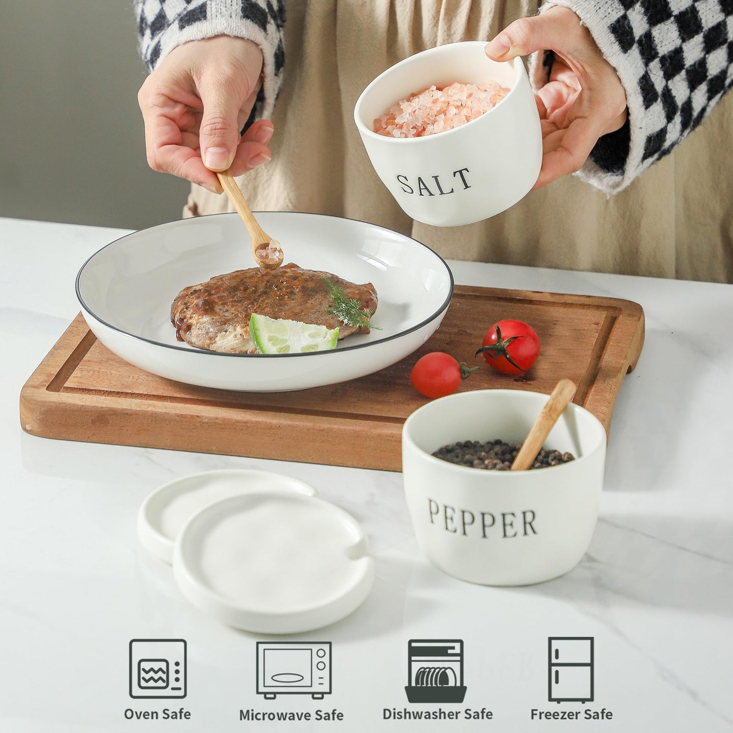 Howise 2 Pack Salt and Pepper Bowls Set, Ceramic Salt and Pepper Containers with Lid and Spoon, White Salt Pepper Holder Set, Salt Box Dish with Lid