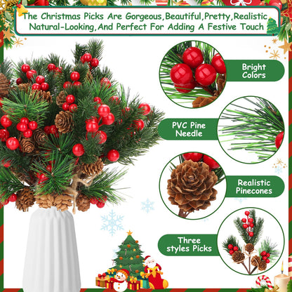34Pcs Artificial Christmas Floral Picks, Red Berry Picks with Pinecones and Pine Branches, Fake Berries Pine Cone Berry Stems Set for Wreath, Garland, Vase, Tree, Holiday Home Winter Decorations