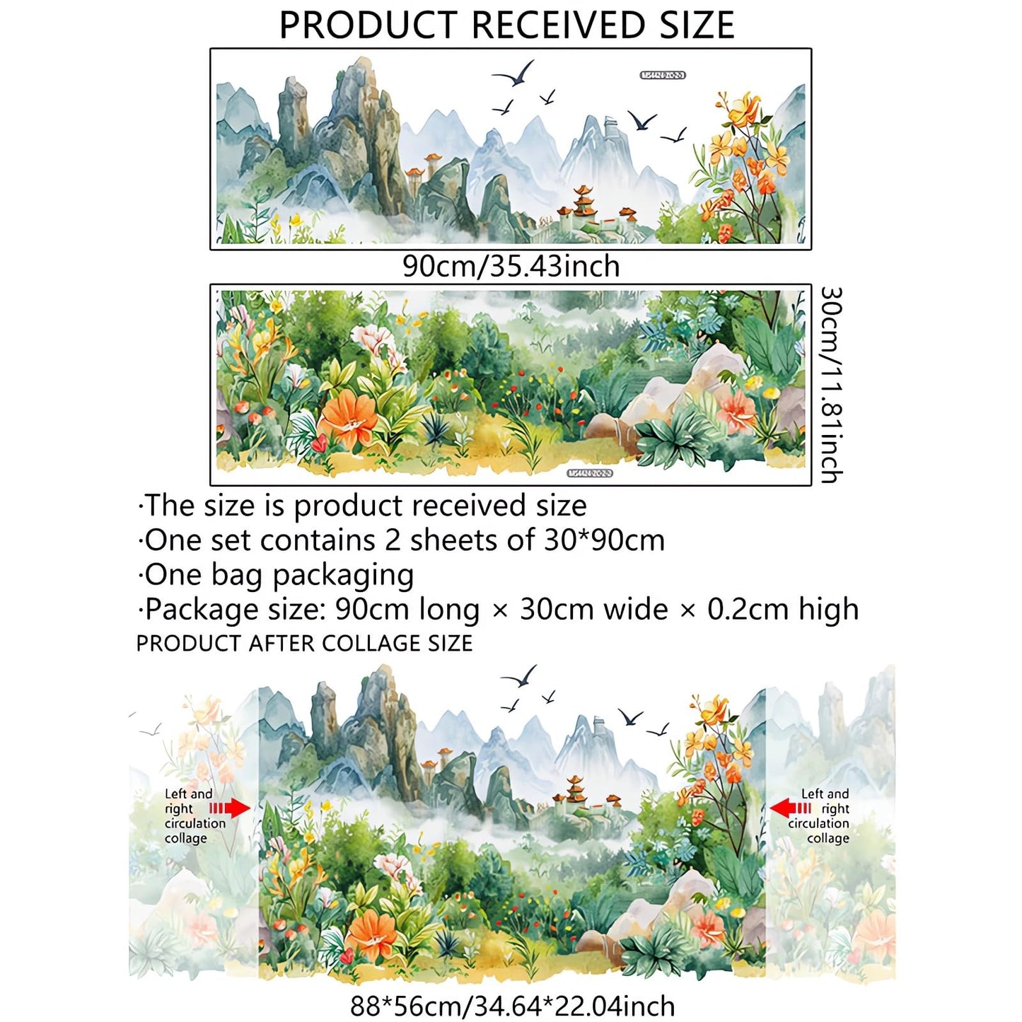 Chinese Style Landscape Painting Circulation Collage Wall Stickers, sacinora Landscapes Flower River Bird Wall Decal Removable Vinyl Peel and Stick for Living Room Tea Room Background Home Decoration