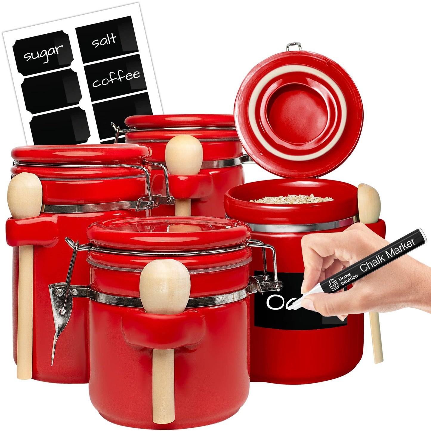 Home Intuition Smell Proof 4-Piece Ceramic Kitchen Canisters Set, Airtight Containers with Wooden Spoons Reusable Chalk Labels and Marker for Sugar, Coffee, Flour, Tea (Red)