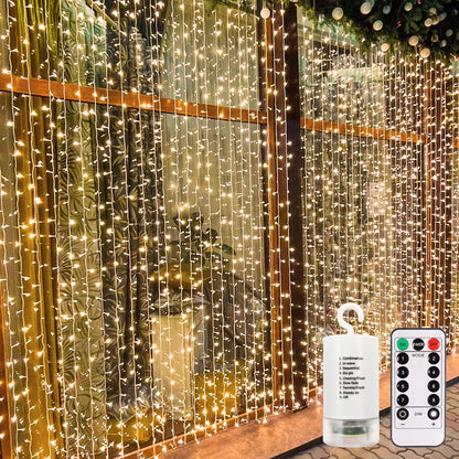 echosari 300 LED Curtain Lights Battery Operated, 9.8ft×9.8ft Hanging Light with Remote Timer Fairy Curtain Lights for Bedroom Patio Wedding Backdrop Party Decór (Warm White)