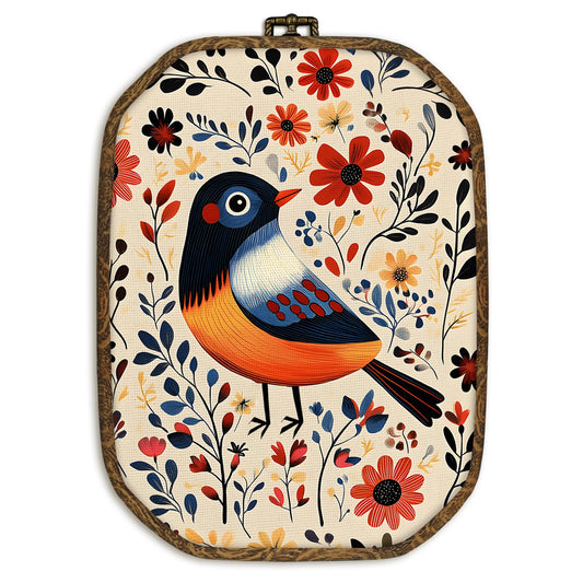 dvhdajed Norwegian Folk Bird Floral Wall Art Decor, Scandinavian Bird Botanical Framed Canvas Art, Vintage Mid Century Nordic Floral Octagon Wall Hanging Decor for Gallery Bedroom Bathroom, 10.2x7 In