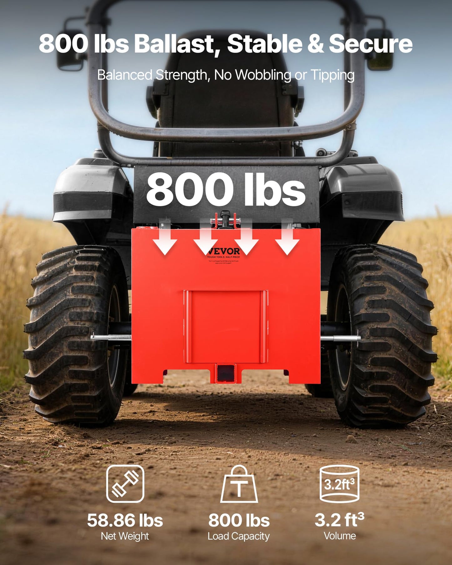 VEVOR Ballast Box, 3-Point Category 1 Tractor Ballast of 800 lbs Capacity, with Standard 2 Inch Hitch Receiver, Heavy-Duty Steel 3.2 ft³ Large Volume Durable Loader Attachment with Sliding Door, Red