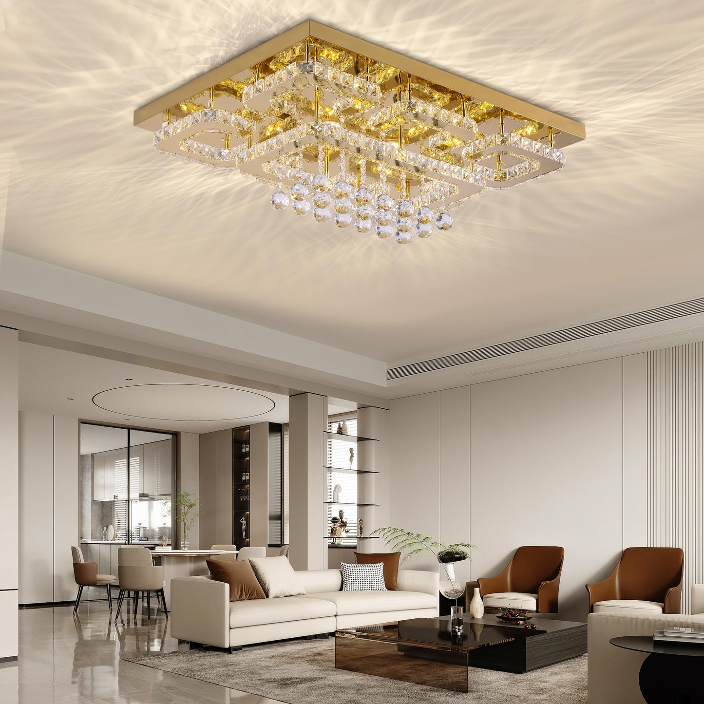 KINGTORO 32" Gold Crystal Flush Mount Chandelier with Remote/App Control, Modern LED Ceiling Light with 3CCT Dimmable, Elegant Chandeliers for Bedroom Living Room Dinning Room Hallway Kitchen