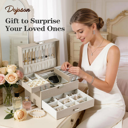Dajasan Jewelry Organizer Box, Large Jewelry Boxes for Women Girls, Space-Saving 3 Layers Jewelry Storage Case with Drawer, Movable Metal Stand, Modern, Gift Idea (Champagne)