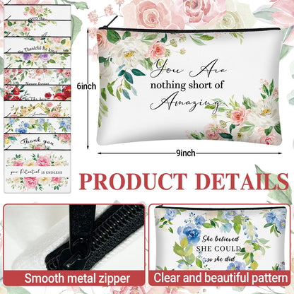 KOPOOEOE 40 Pcs Floral Inspirational Gifts Canvas Makeup Bags with Compact Mirrors Cosmetic Bags Thank You Pouch Bulk for Mothers Day Church Women Teacher Coworker Employee Gifts