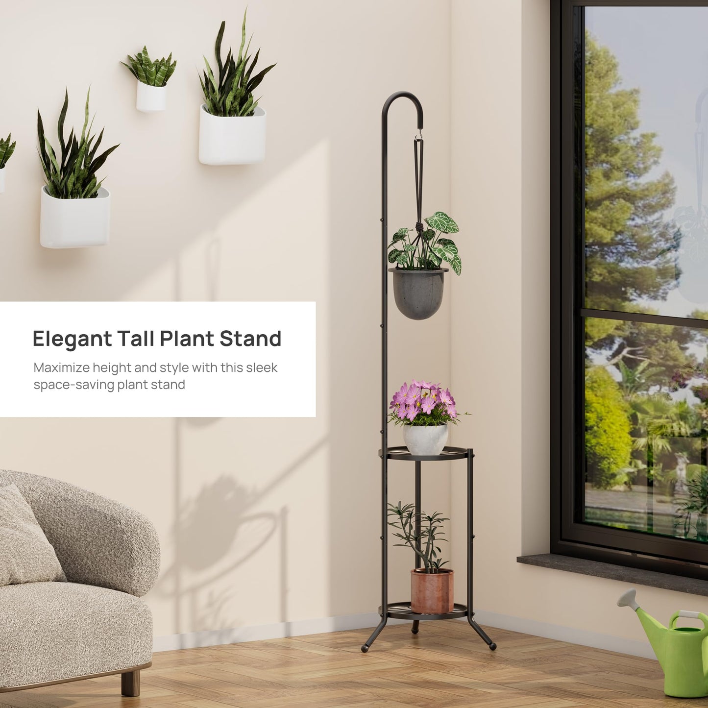 2-Tier Hanging Plant Stand, Heavy Duty Metal Planter Rack - Space Saving Indoor/Outdoor Shelves with 41" Hanging Space - Display Multiple Flower Pots, Tall Iron Plant Organizer for Living Room, Patio & Garden