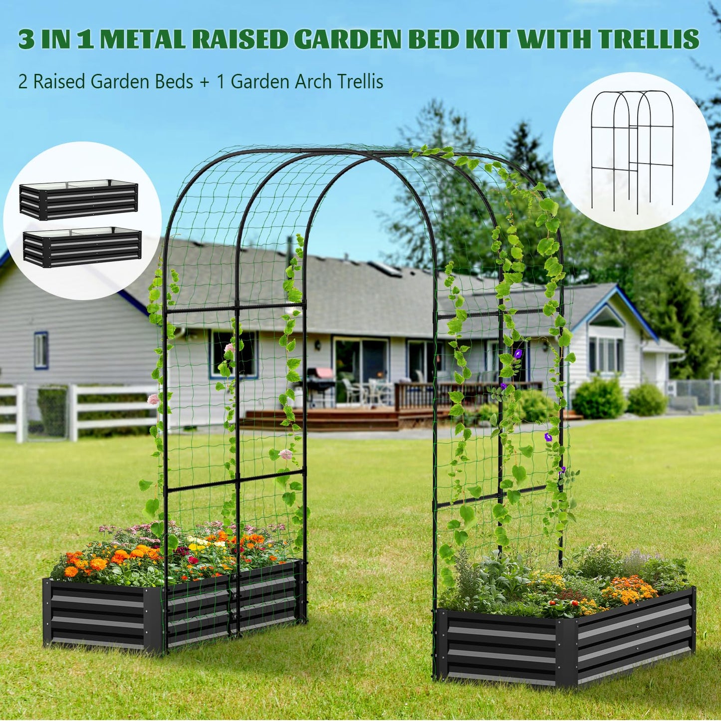 UrGROWA 3 in 1 Galvanized Raised Garden Bed with 87" H Arch Trellis for Climbing Plants, Outdoor Gardening Planter Box with Climbing Net for Flower Vegetables Fruits Herbs, Black