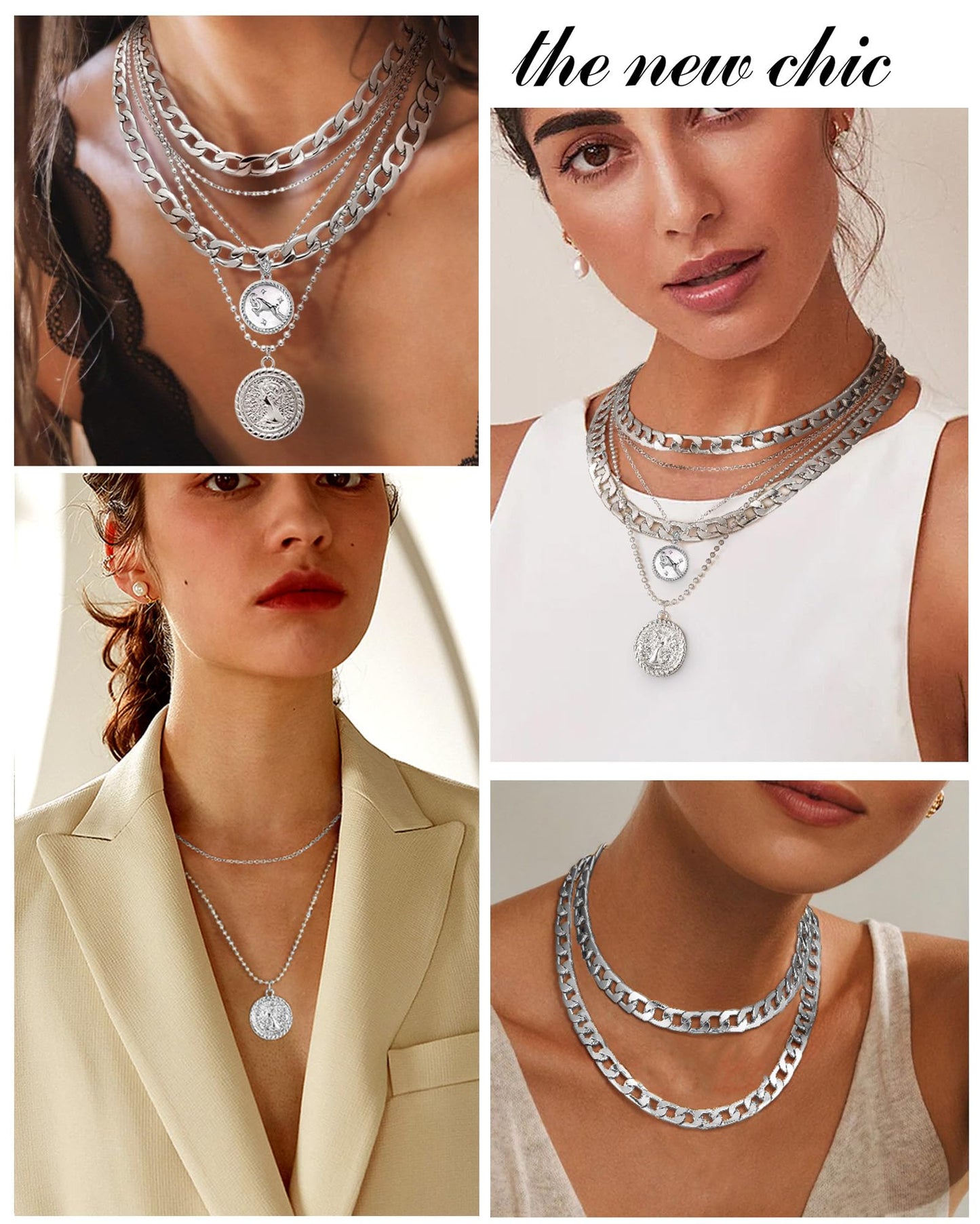 MJartoria Gold Layered Necklaces for Women Trendy Retro Coin Pendant Necklace Dainty Chunky Chain Choker Necklaces for Jewelry Birthday Gifts (Silver, Zodiac-Aries-3PCS Layered)