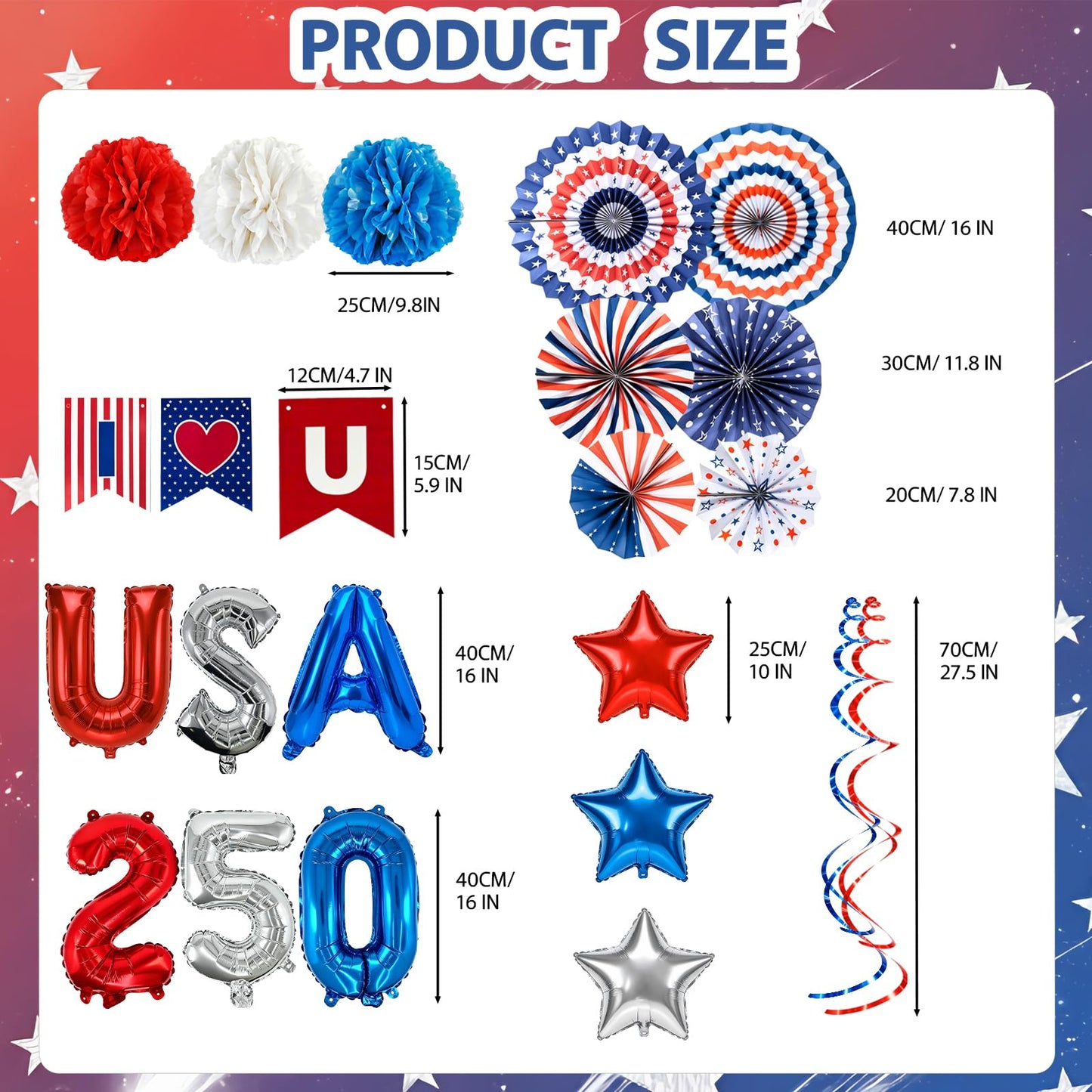 Onfunlee 4th of July Decorations Set, 34PCS Patriotic Memorial Day Decoration US 250th Anniversary Decor, Red White Blue Party Supplies with Paper Fans, Banner, Swirls, Pom Poms for Independence Day