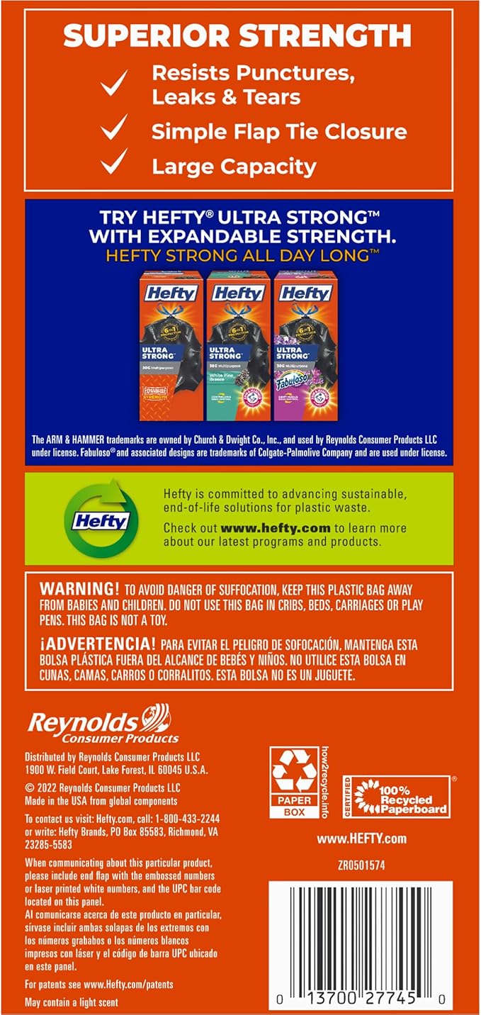Hefty Easy Flaps Multipurpose Large Trash Bags, 30 Gallon