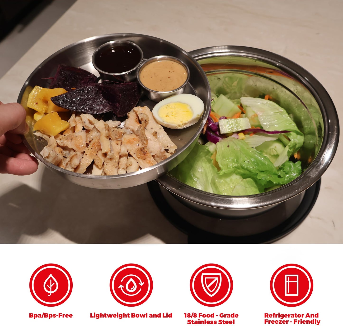 Kaiser chef Salad Bowl Kit 74oz,Salad Container For Lunch,18/8 Stainless Steel,Salad Bowl With Lid, Includes 1.7oz Condiment Container and Removable Tray,Leak-Proof, Easy to Clean (Wood)