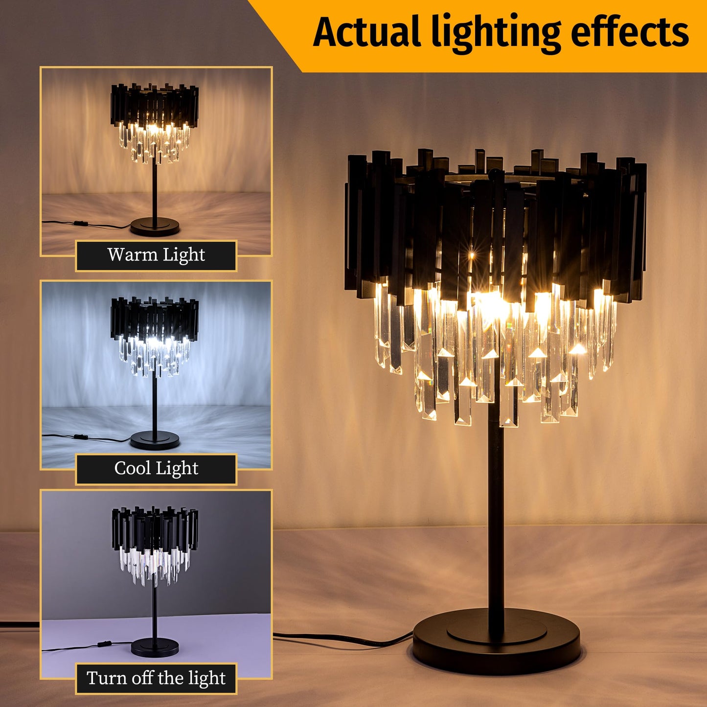 Wellmet Black Crystal Table Lamp,3 Lights Table Lamps for Bedroom,Black Bedside Nightstand Lamps for Living Room,Small Decorative Desk Lamp for Reading Room,Metal Base