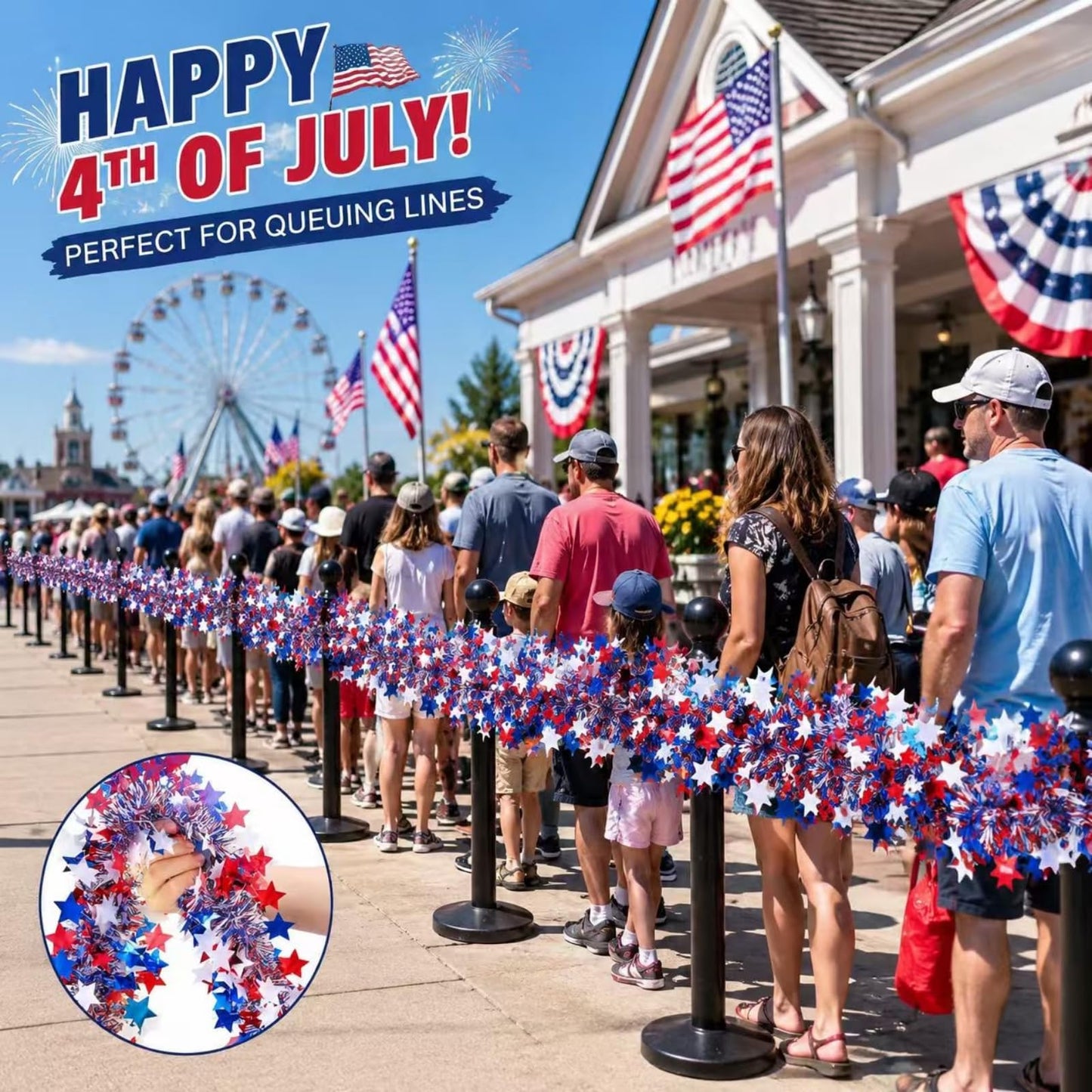 YunPuff 50 Ft Patriotic Star Garland, Red White Blue Metallic Tinsel with 5-Pointed Stars, 4th of July & America 250th Anniversary Decorations for Independence Day Party Mantle Porch Fireplace