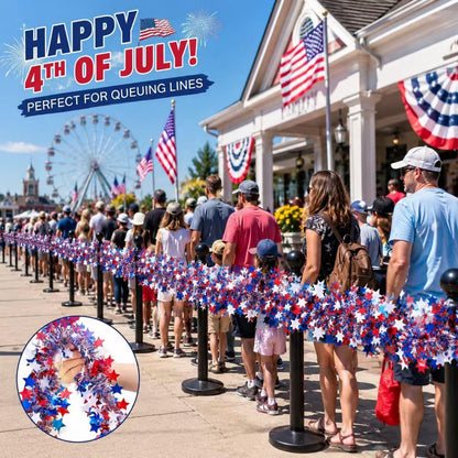 YunPuff 50 Ft Patriotic Star Garland, Red White Blue Metallic Tinsel with 5-Pointed Stars, 4th of July & America 250th Anniversary Decorations for Independence Day Party Mantle Porch Fireplace