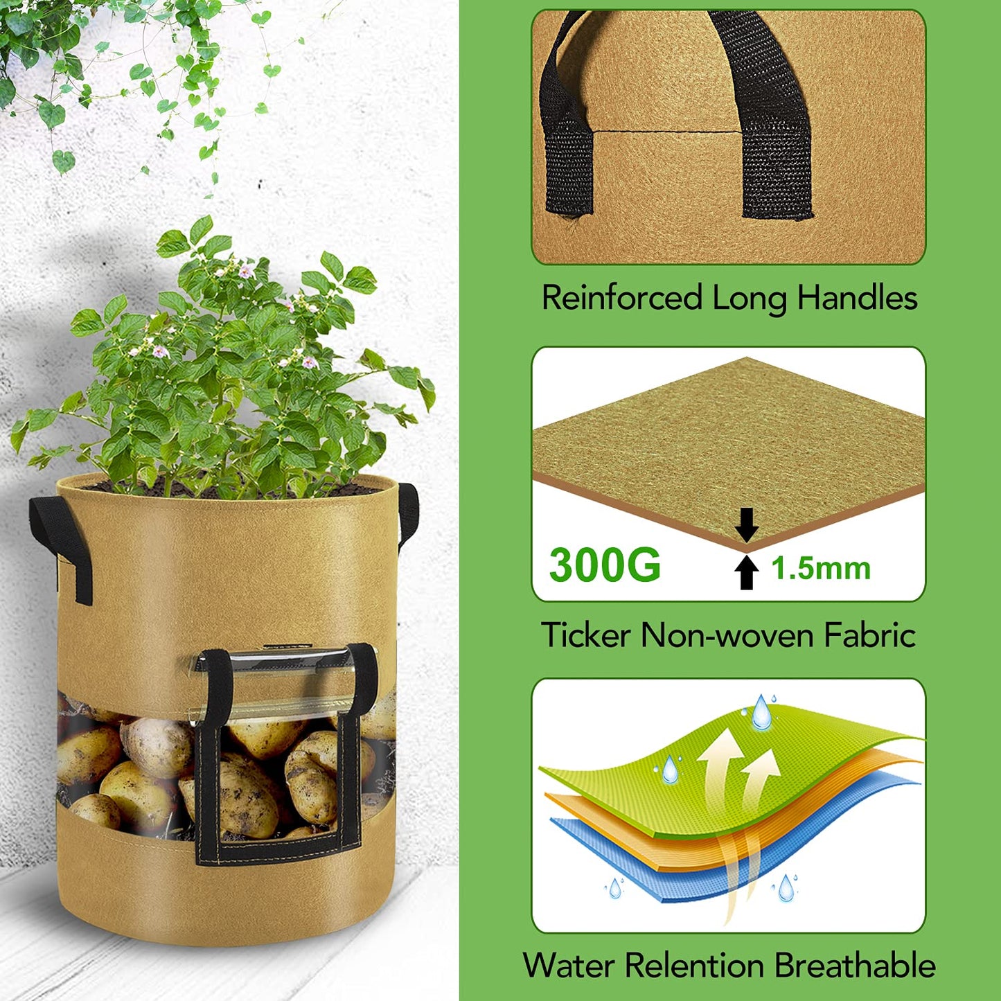 Florelf Visible Potato Grow Bags 10 Gallon with Flap 3-Pack,Potatoes Growing Containers with Handles&Visible Space, Heavy Duty Thickened Aeration Nonwoven Fabric Pots,alse for Tomato Strawberry