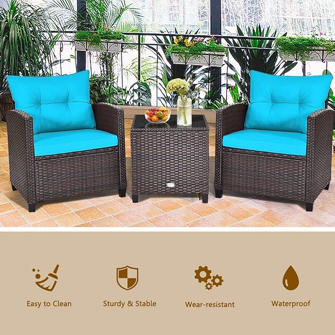 HAPPYGRILL 3 Pieces Patio Conversation Set, Outdoor Furniture Set PE Rattan