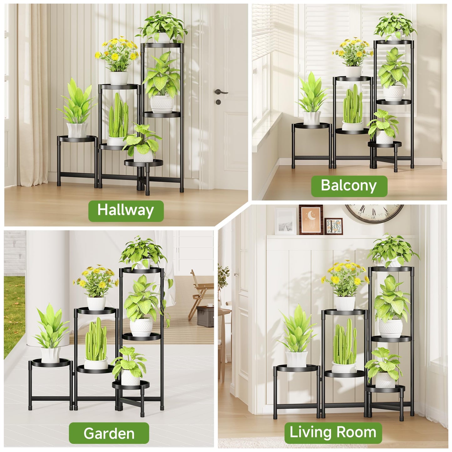 Biciyarn Plant Stand Indoor Outdoor with Metal Tray 6 Tiered Corner Plant Holders for Folding Plants Flower Pot Holder Display Stand for Living Room Balcony Garden-Black