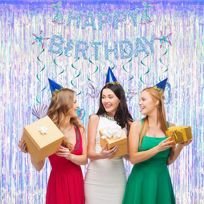 2 Packs 3.2ft x 6.6ft Iridescent Metallic Tinsel Foil Fringe Curtains Photo Booth Props for Birthday Engagement Bridal Shower Baby Shower Bachelorette Mermaid Frozen Sea Party Decorations