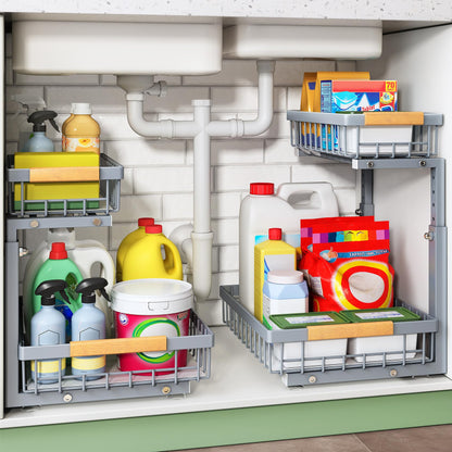 Under Sink Organizer, 2 Packs 2 Tier Under Sink Organizers and Storage, Slide out Pull out Cabinet Organizer Shelf, Metal Sliding Drawer for Kitchen Bathroom Pantry Cabinet Closet Organization Rack