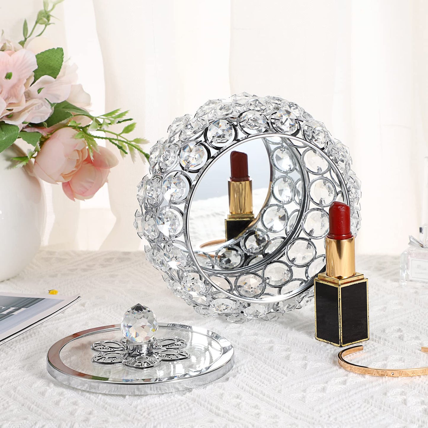 Hipiwe Crystal Jewelry Trinket Box with Glass Lid Silver Mirrored Treasure Box Decorative Jewelry Box Ring Earrings Necklace Storage Keepsake Box Gift for Women
